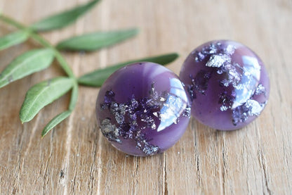 Handmade Purple Stud Earrings with Silver Leaf - Surgical Steel Posts - Resin Jewelry