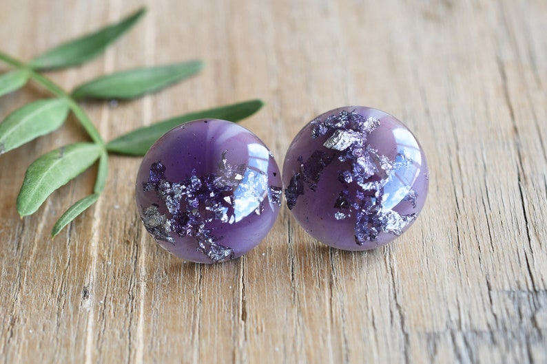 Handmade Purple Stud Earrings with Silver Leaf - Surgical Steel Posts - Resin Jewelry