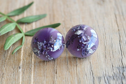 Handmade Purple Stud Earrings with Silver Leaf - Surgical Steel Posts - Resin Jewelry
