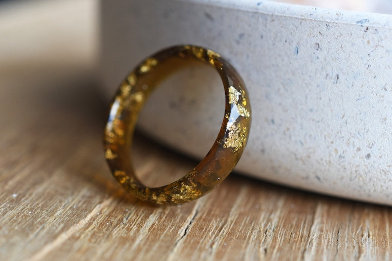 Amber Resin Ring With Gold Leaf - Faceted Resin Ring - Unconventional Stacking Ring - Fall Resin Jewelry