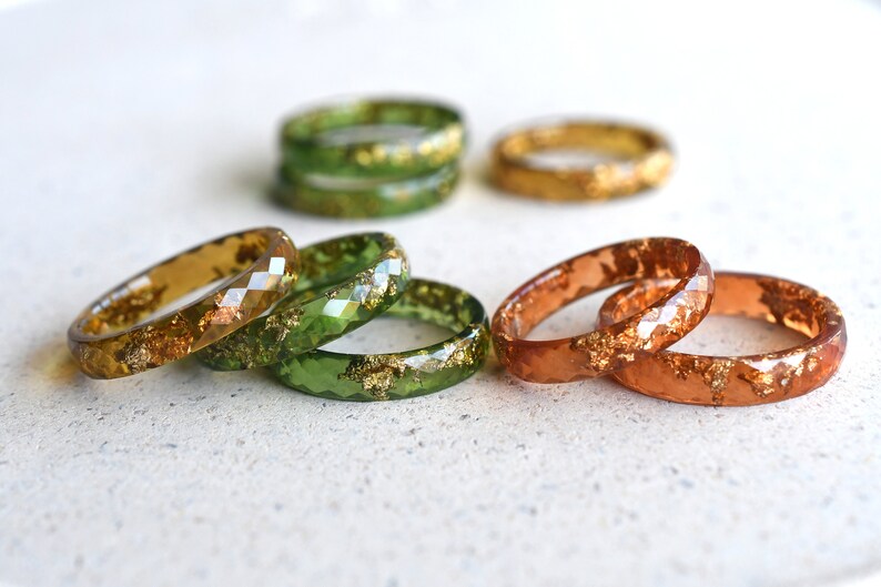Rust Skinny Rings Set With Gold Leaf - Thin Faceted Resin Ring - Unconventional Stacking Ring