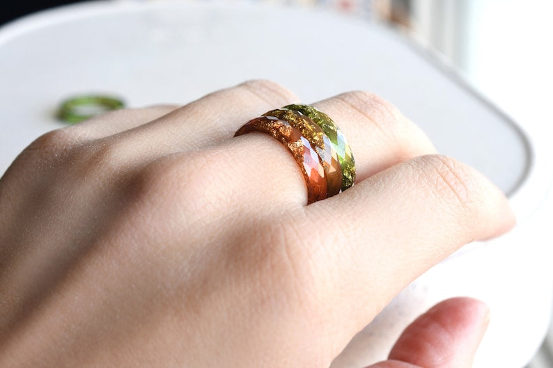 Moss Green Gold Leaf Ring - Fall Skinny Resin Rings - Thin Faceted Stacking Ring