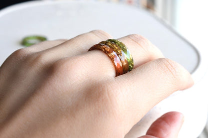 Rust Skinny Rings Set With Gold Leaf - Thin Faceted Resin Ring - Unconventional Stacking Ring