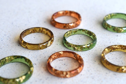 Moss Green Gold Leaf Ring - Fall Skinny Resin Rings - Thin Faceted Stacking Ring