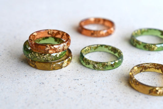 Rust Skinny Rings Set With Gold Leaf - Thin Faceted Resin Ring - Unconventional Stacking Ring