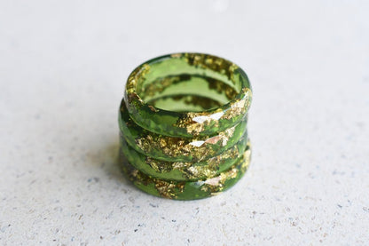 Moss Green Gold Leaf Ring - Fall Skinny Resin Rings - Thin Faceted Stacking Ring