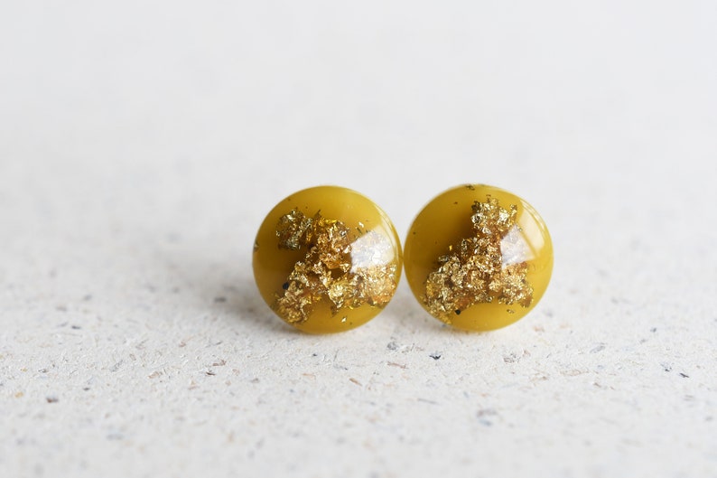 Handmade Amber Resin Stud Earrings with Gold Leaf | Surgical Steel Post Earrings | Resin Jewelry