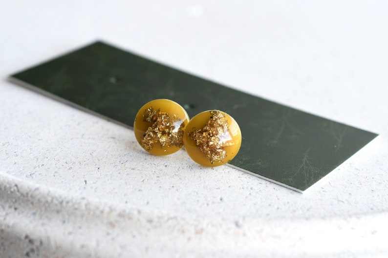 Handmade Amber Resin Stud Earrings with Gold Leaf | Surgical Steel Post Earrings | Resin Jewelry