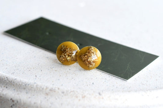 Handmade Amber Resin Stud Earrings with Gold Leaf | Surgical Steel Post Earrings | Resin Jewelry