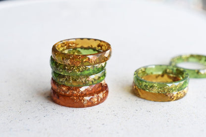 Rust Skinny Rings Set With Gold Leaf - Thin Faceted Resin Ring - Unconventional Stacking Ring