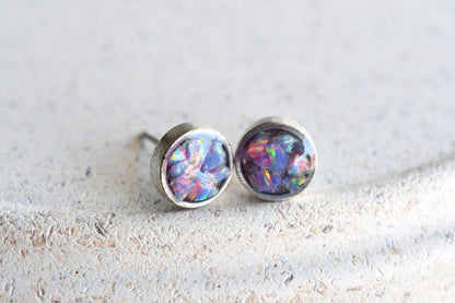 Shimmering Opal Stud Earrings - Antiqued Silver Post Earrings - Epoxy Resin Jewelry