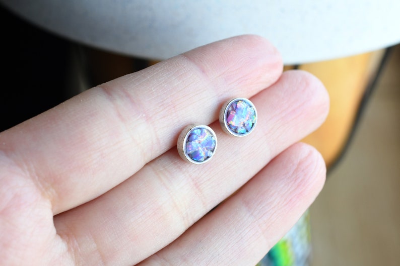 Shimmering Opal Stud Earrings - Antiqued Silver Post Earrings - Epoxy Resin Jewelry