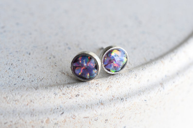 Shimmering Opal Stud Earrings - Antiqued Silver Post Earrings - Epoxy Resin Jewelry