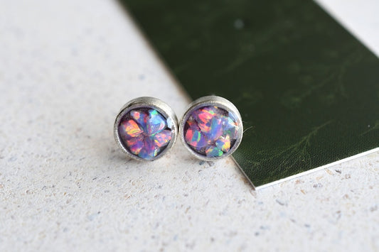 Shimmering Opal Stud Earrings - Antiqued Silver Post Earrings - Epoxy Resin Jewelry