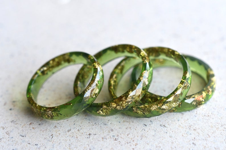 Moss Green Gold Leaf Ring - Fall Skinny Resin Rings - Thin Faceted Stacking Ring