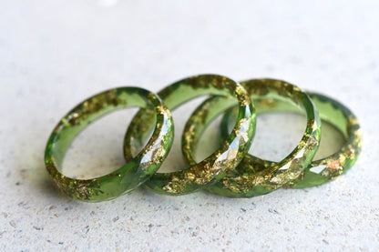 Moss Green Gold Leaf Ring - Fall Skinny Resin Rings - Thin Faceted Stacking Ring