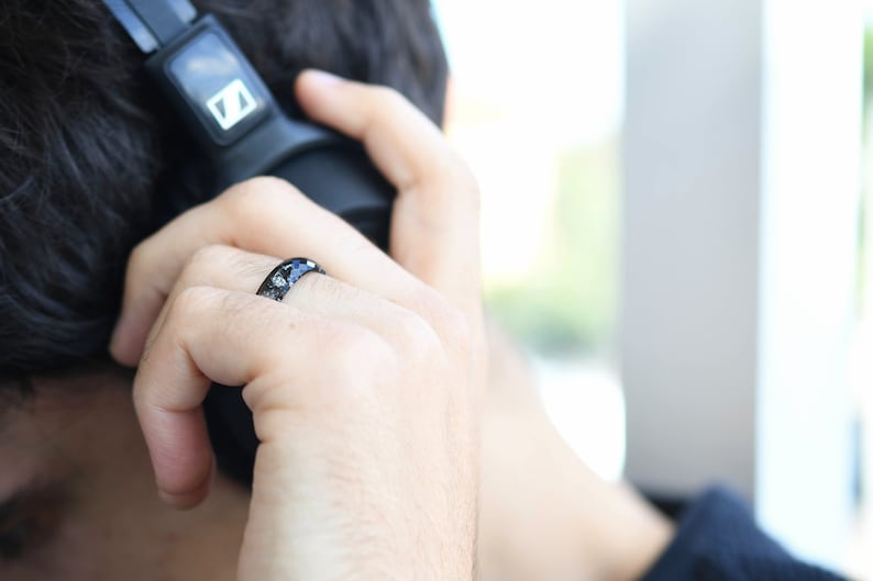 Black Faceted Resin Ring With Silver Leaf - Alternative Engagement Ring - Mens Ring