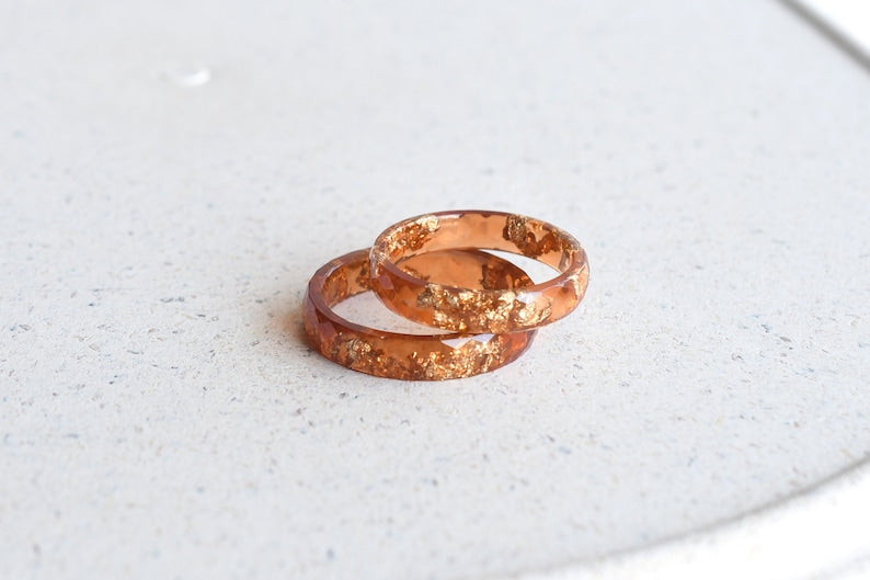 Sunstone Resin Ring with Gold Leaf - Handmade Thin Band - Stackable Skinny Ring