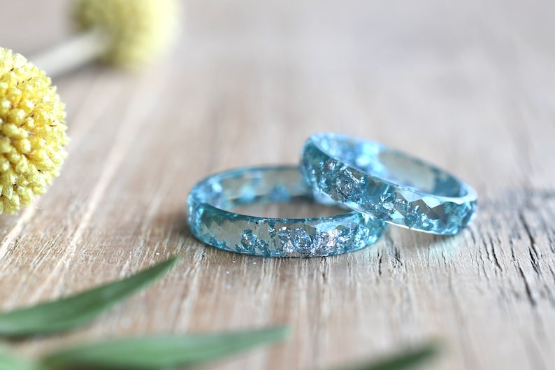 Skinny Aqua Blue Resin Ring With Silver Leaf - Unisex Faceted Band Ring