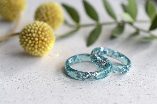 Skinny Aqua Blue Resin Ring With Silver Leaf - Unisex Faceted Band Ring