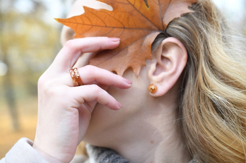 Sunstone Resin Ring with Gold Leaf - Handmade Thin Band - Stackable Skinny Ring
