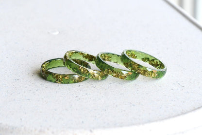Moss Green Gold Leaf Ring - Fall Skinny Resin Rings - Thin Faceted Stacking Ring
