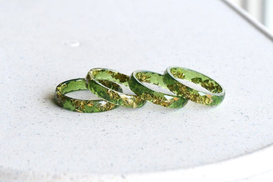 Moss Green Gold Leaf Ring - Fall Skinny Resin Rings - Thin Faceted Stacking Ring