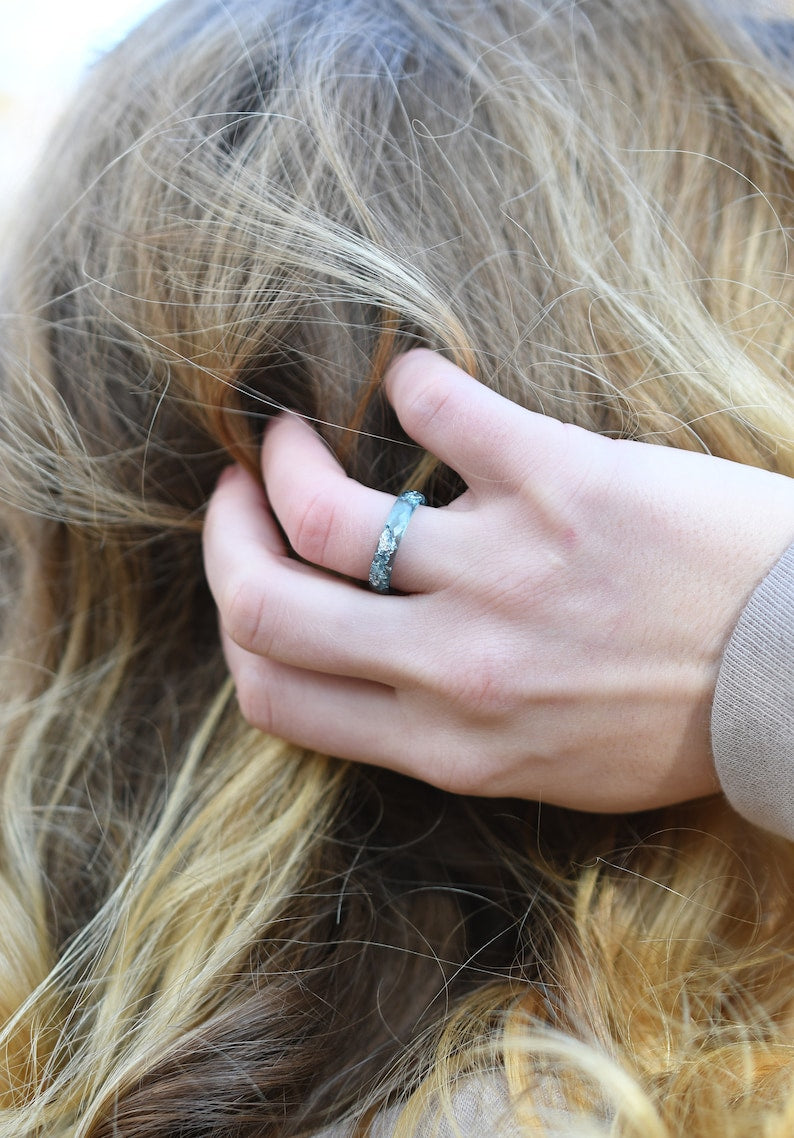 Skinny Aqua Blue Resin Ring With Silver Leaf - Unisex Faceted Band Ring