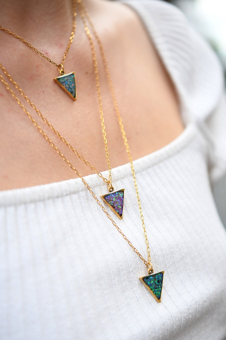 Dainty Peacock Blue Opal Necklace- Crushed Opal Gold Plated Pendant - Resin Jewelry