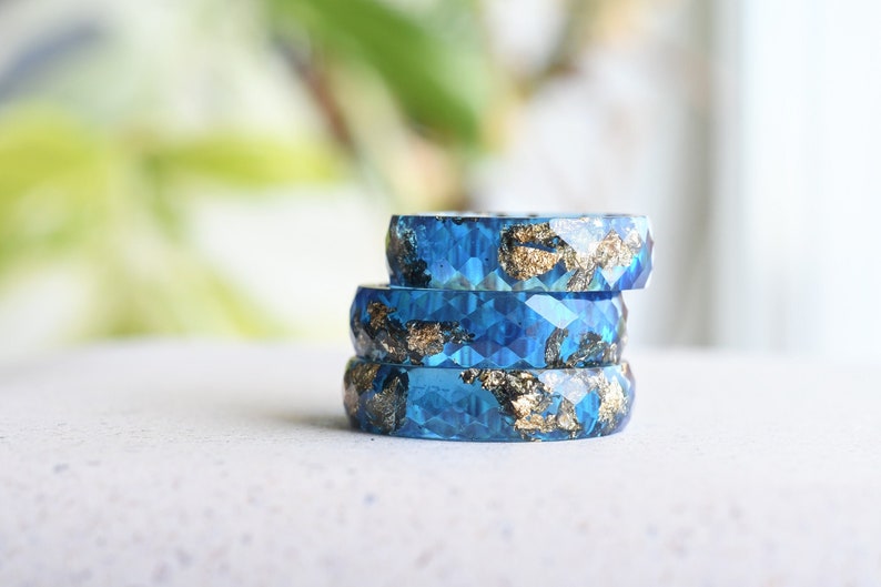 Sapphire Blue Gold Leaf Resin Ring - Unconventional Engagement Ring - Faceted Unique Mens Ring