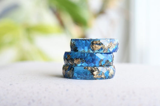 Sapphire Blue Gold Leaf Resin Ring - Unconventional Engagement Ring - Faceted Unique Mens Ring