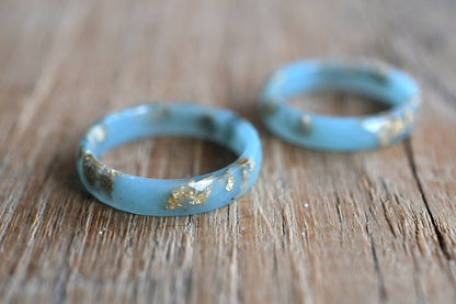 Elegant Thin Mint Resin Ring with Gold Leaf: Unisex Faceted Band for Weddings, Engagements, and Everyday Wear