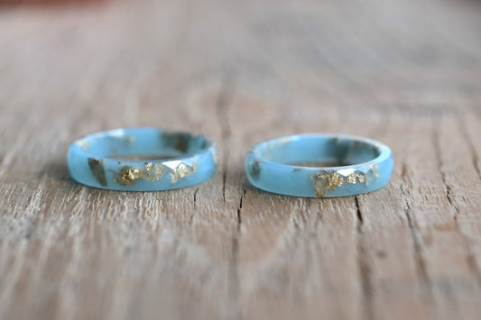 Elegant Thin Mint Resin Ring with Gold Leaf: Unisex Faceted Band for Weddings, Engagements, and Everyday Wear