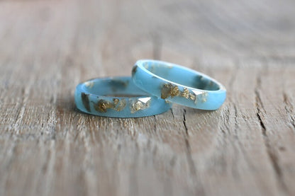 Elegant Thin Mint Resin Ring with Gold Leaf: Unisex Faceted Band for Weddings, Engagements, and Everyday Wear