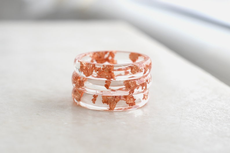 Smooth Transparent Resin Ring with Rose Gold Leaf - Minimalist Ring for Her - Handmade Resin Jewelry