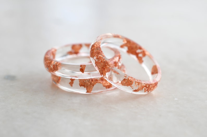 Smooth Transparent Resin Ring with Rose Gold Leaf - Minimalist Ring for Her - Handmade Resin Jewelry