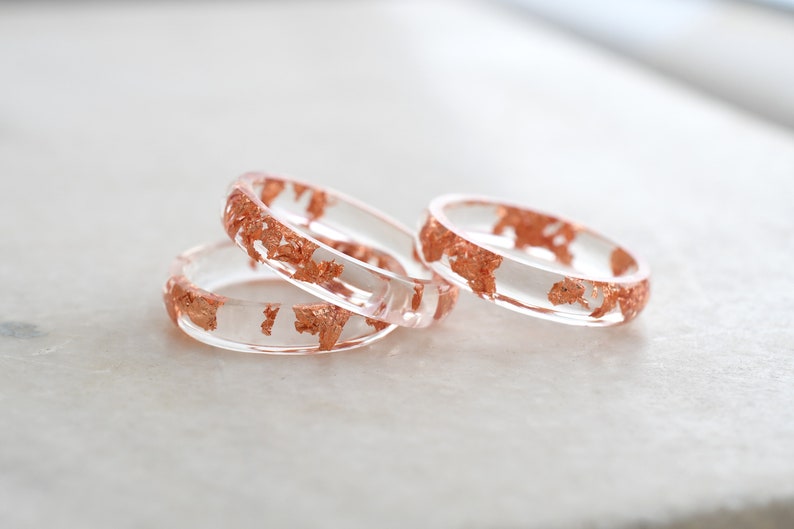Smooth Transparent Resin Ring with Rose Gold Leaf - Minimalist Ring for Her - Handmade Resin Jewelry