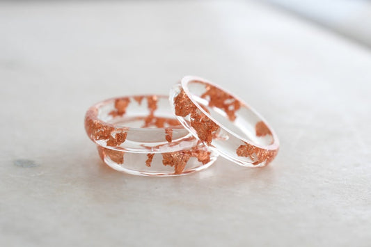Smooth Transparent Resin Ring with Rose Gold Leaf - Minimalist Ring for Her - Handmade Resin Jewelry