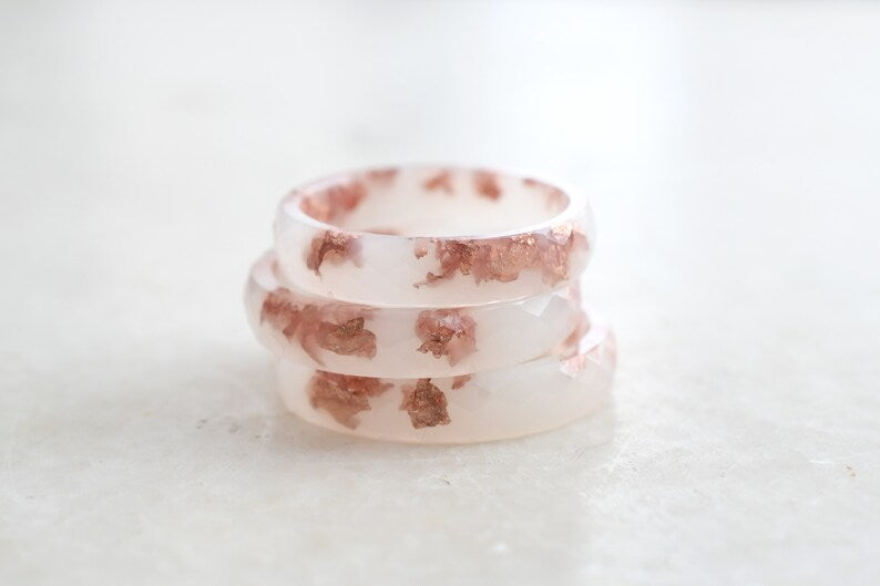 Off White Faceted Ring Band with Rose Gold Leaf - Minimalist Resin Jewelry - Unique Promise Ring for Her