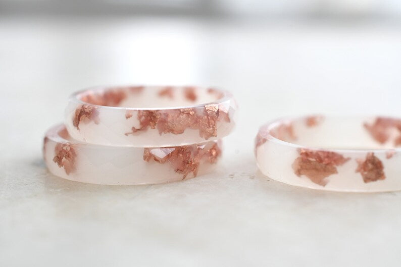 Off White Faceted Ring Band with Rose Gold Leaf - Minimalist Resin Jewelry - Unique Promise Ring for Her