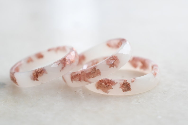 Off White Faceted Ring Band with Rose Gold Leaf - Minimalist Resin Jewelry - Unique Promise Ring for Her