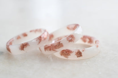 Off White Faceted Ring Band with Rose Gold Leaf - Minimalist Resin Jewelry - Unique Promise Ring for Her