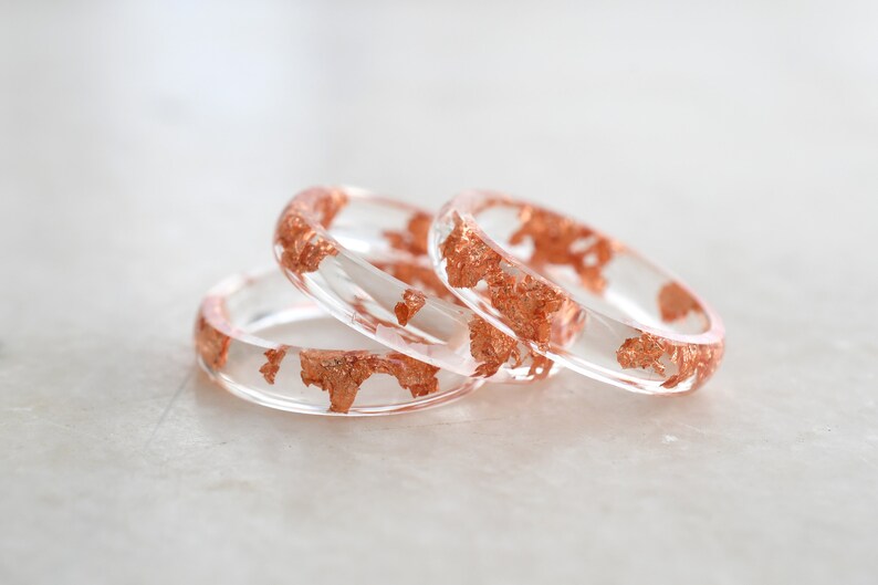 Smooth Transparent Resin Ring with Rose Gold Leaf - Minimalist Ring for Her - Handmade Resin Jewelry