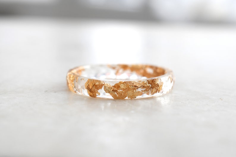 Skinny Transparent Faceted Resin Ring With Gold Foil - Unconventional Wedding Band Ring