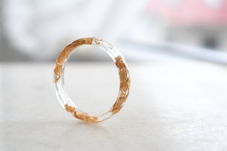 Skinny Transparent Faceted Resin Ring With Gold Foil - Unconventional Wedding Band Ring
