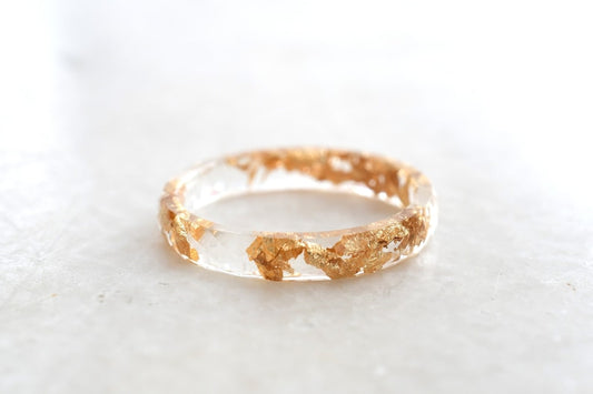 Skinny Transparent Faceted Resin Ring With Gold Foil - Unconventional Wedding Band Ring