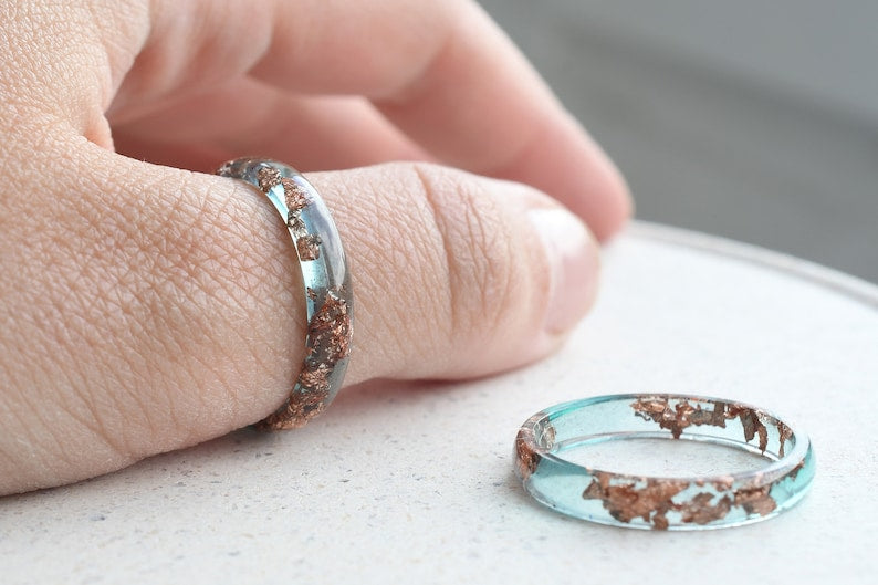 Ocean Blue Rose Gold Leaf Resin Ring - Smooth Stacking Ring - Thin Minimalist Ring