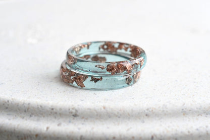 Ocean Blue Rose Gold Leaf Resin Ring - Smooth Stacking Ring - Thin Minimalist Ring