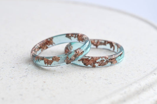 Ocean Blue Rose Gold Leaf Resin Ring - Smooth Stacking Ring - Thin Minimalist Ring