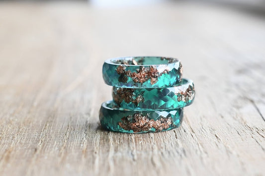 Jade Green Ring With Rose Gold Leaf - Faceted Ring - Minimalist Stacking Ring - Resin Jewelry